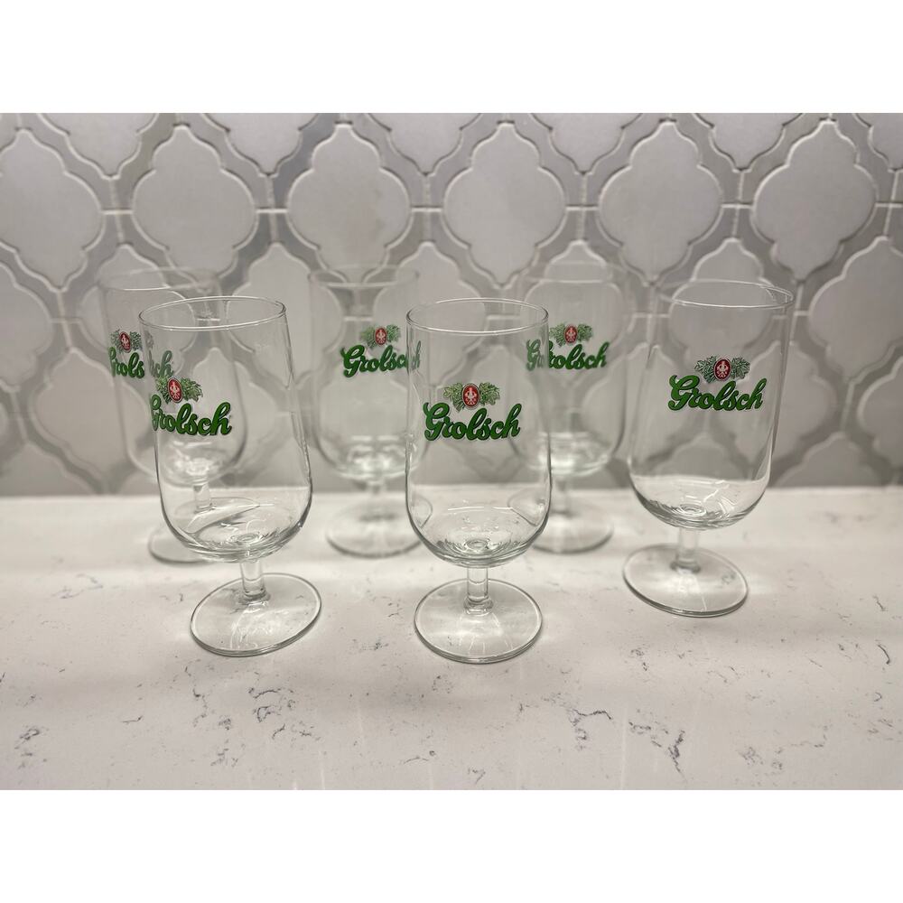 Grolsch Dutch Stemmed Beer Tulip Glass Vintage Barware - Set of 6